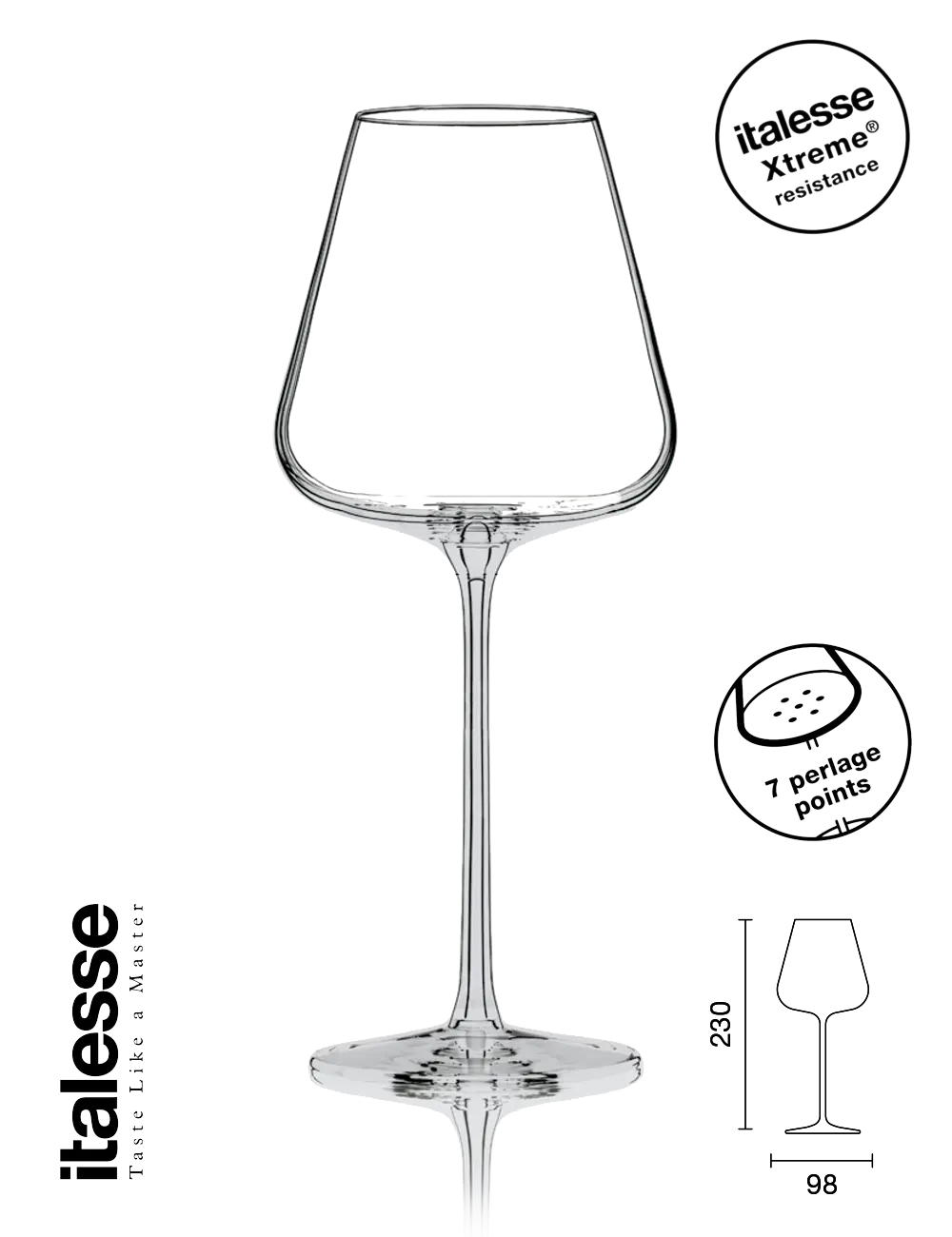 Produktbild - Italesse Etoile Sparkle Xtreme kristallines Glas, Art. 3055 480cc. Erhältlich bei Spontano. Glas mit Maße und Italesse Xtreme resistance logo. 7 Perlage Punkte Symbol.