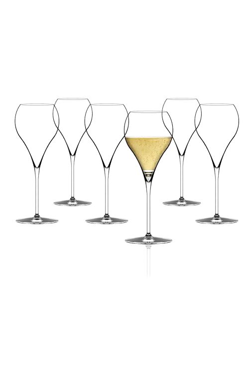 IT_GB_6X_italesse-grand-balloon-6er-set-proseccoist_ty.webp Produktbild - Italesse Grand Balloon Flute Glas, Art. 3036 380cc. Erhältlich bei Spontano. 6 Gläser, davon 5 leer und eines gefüllt.