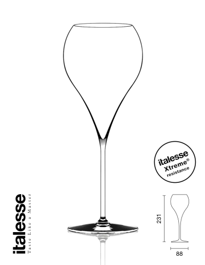 Produktbild - Italesse Grand Balloon Flute Glas, Art. 3036 380cc. Erhältlich bei Spontano. Glas mit Maße und Italesse Xtreme resistance logo.
