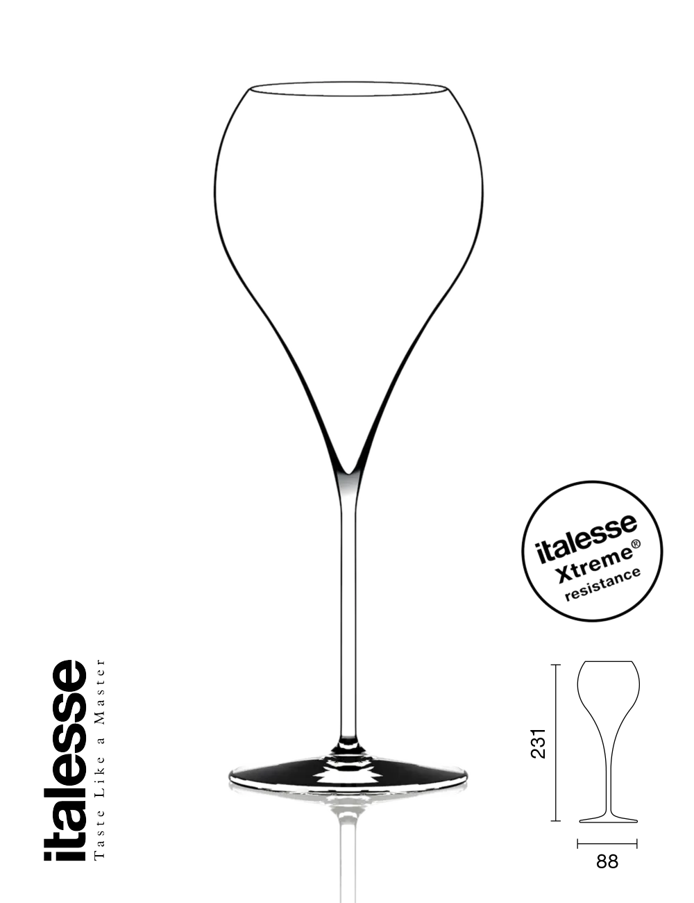 Produktbild - Italesse Grand Balloon Flute Glas, Art. 3036 380cc. Erhältlich bei Spontano. Glas mit Maße und Italesse Xtreme resistance logo.